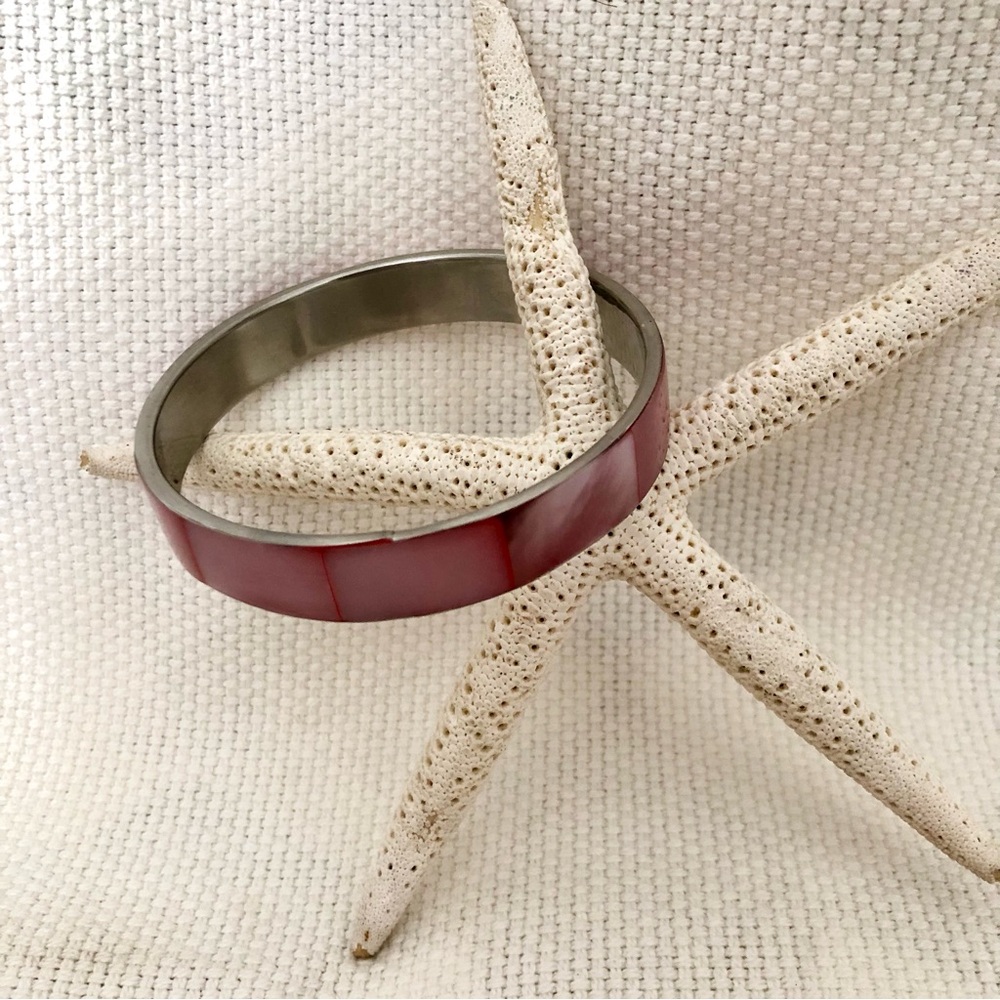 Pink Mother-of-Pearl Shell inlay bangle bracelet Silver toned inside vintage - Picture 4 of 4